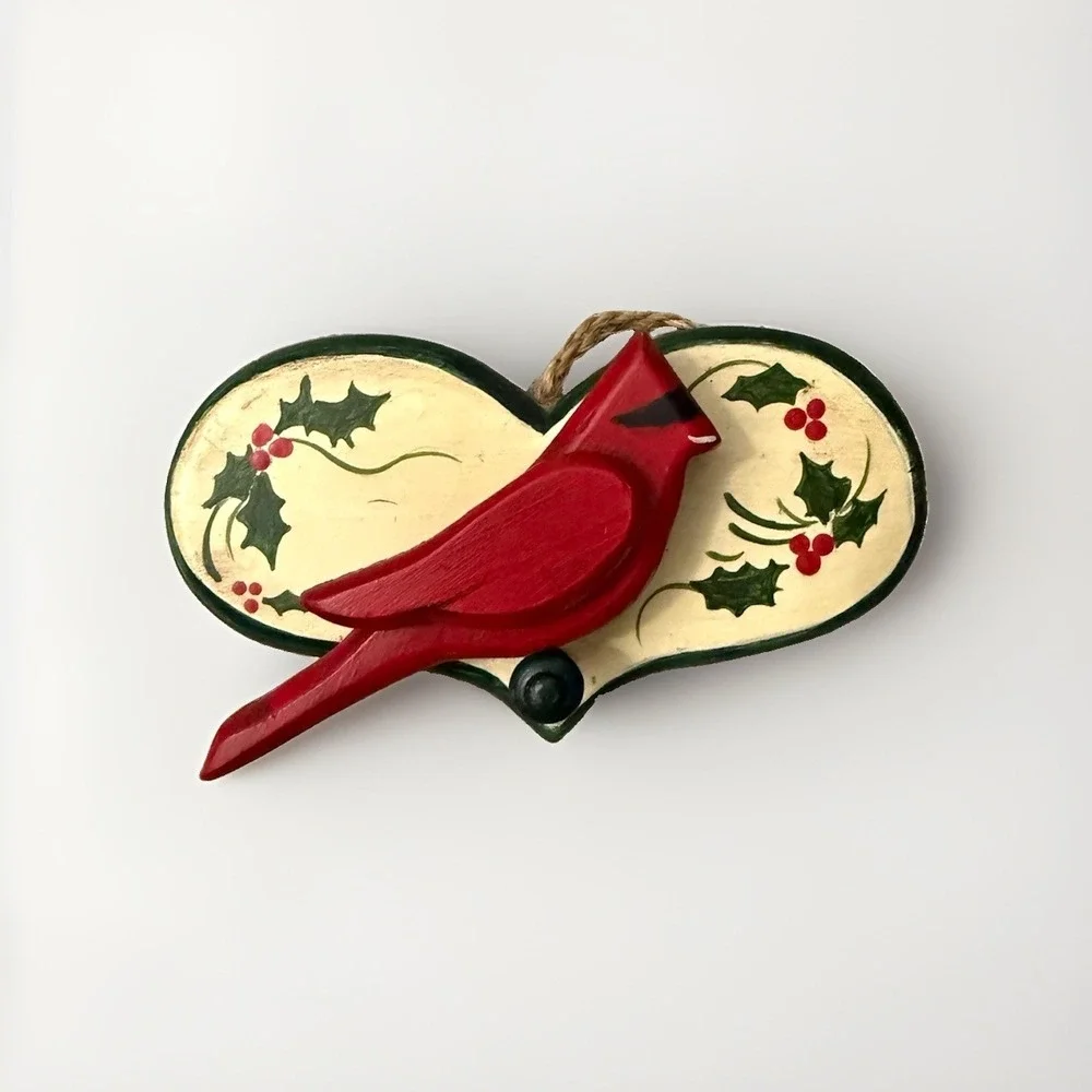 Hand Painted Wooden Cardinal & Holly Heart Christmas Ornament Red Green Twine